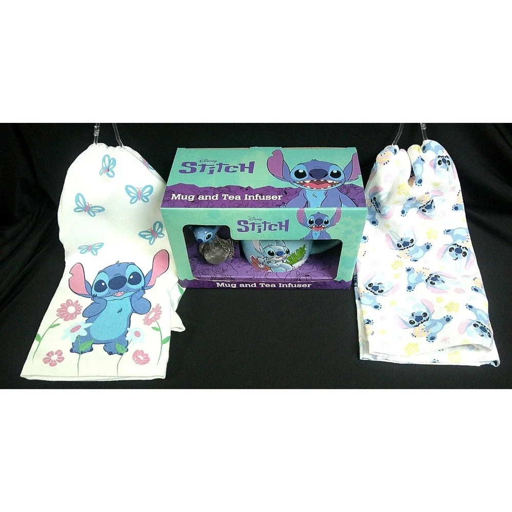 NEW! Disney Stitch Tea infuser set with 2 Stitch‎ Tea Towels COMBO Package